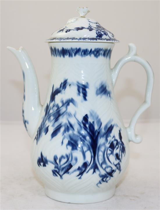 A Worcester feather moulded blue and white coffee pot, c.1760, 22cm, associated cover with re-glued finial